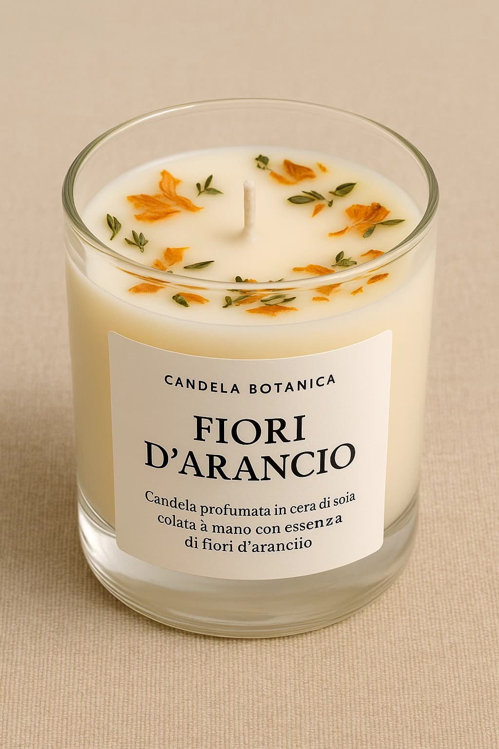 Candela Botanica “Fiori d’Arancio” - Candela profumata in cera di soia colata a mano con essenza di fiori d’arancio. Creazione artigianale in legno ArtèCris.